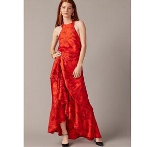 J. Crew Red and Orange Floral High-Low Halter Dress